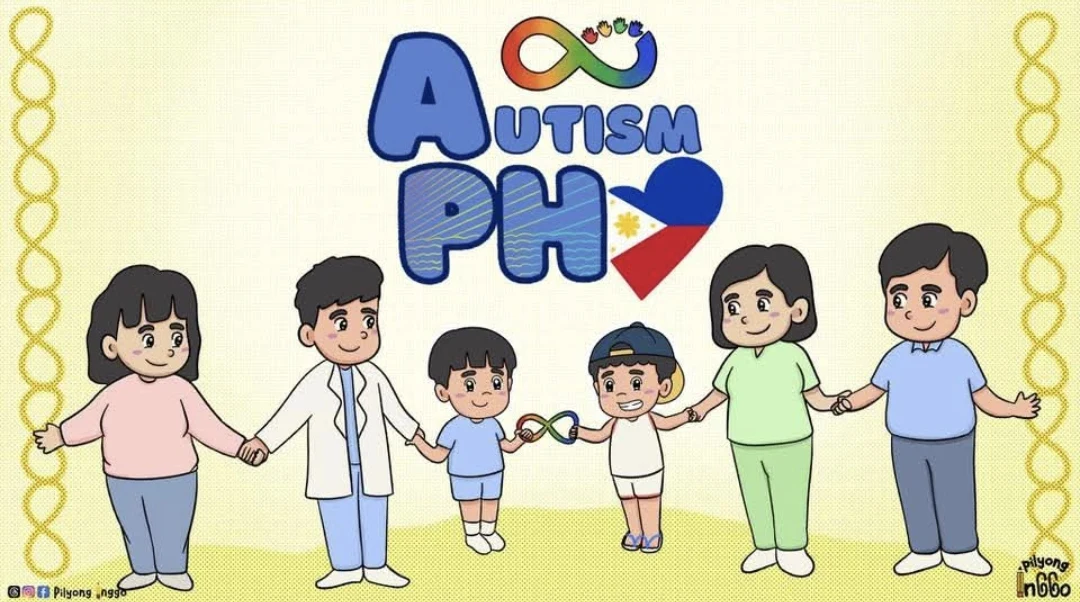 Illustration of a family, a doctor, a therapist and two kids holding hands around the Autism PH logo, joined by a rainbow infinity symbol